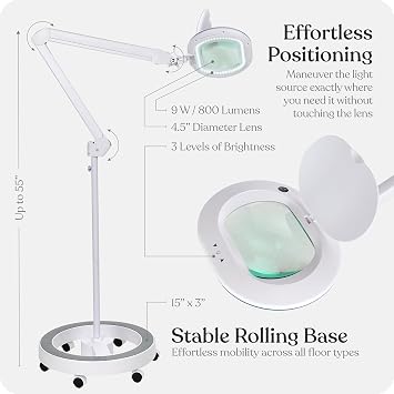 Brightech LightView Pro Magnifying Glass with Stand and Light Magnifying Floor Lamp with 6-Wheels on a Sturdy Base for Facials LED Work Light with XL Magnifier Glass for Crafts and Projects