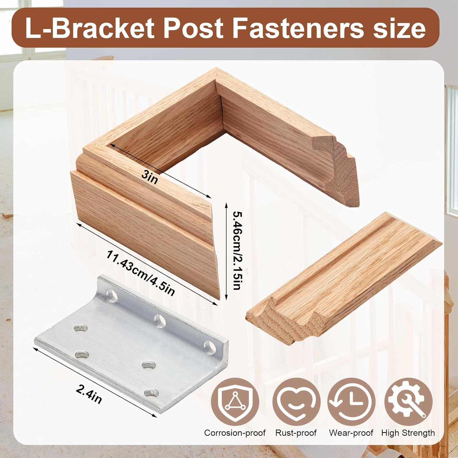 Blulu 2 Set 3" Newel Post Mounting Kit 8 Pcs L Bracket Metal Post Anchor with 8 Pcs Red Oak Wood Trim Deck Base Fasteners for Fastening Handrails Balustrades to Stairs and Floors
