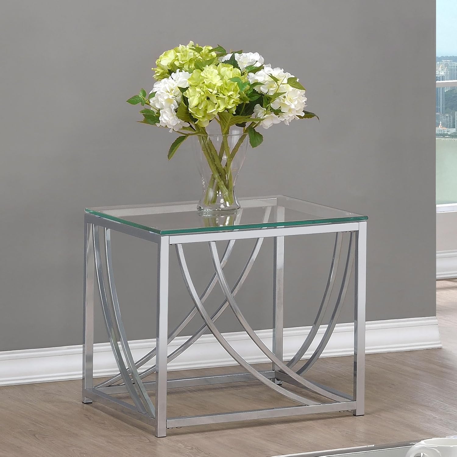 Coaster Home Furnishings - Lille - Square Glass Top End Table with Chrome Frame, Curved Metal Accents, Sturdy Construction - Contemporary Style - Living Room - 20-Inch - Chrome - 720497
