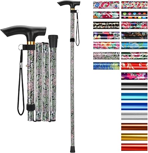 Miniatura 27 de SupreGear Bastón plegable, de viaje, portátil, 5 niveles de altura ajustable, ligero, con correa para la muñeca y mango en T, para personas mayores,