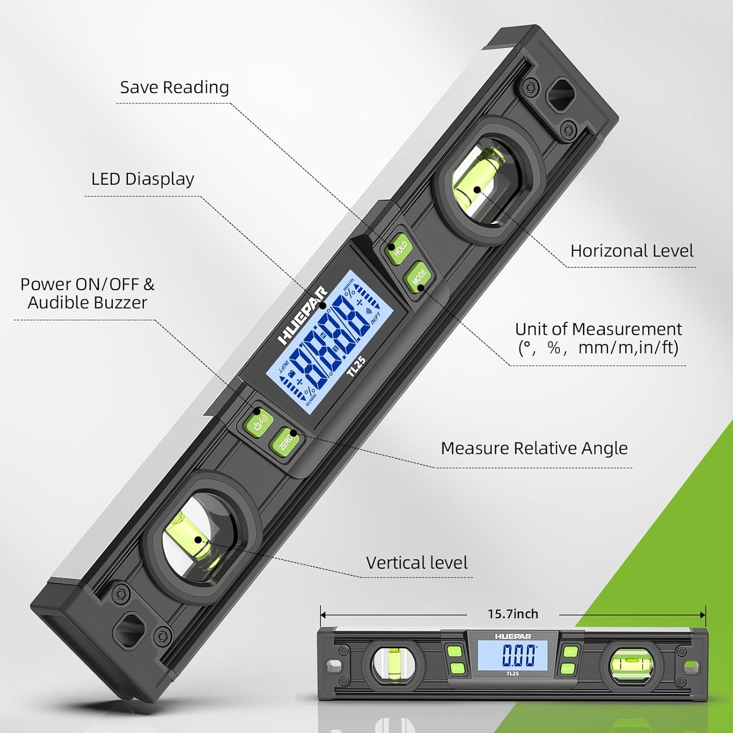Huepar TL25 Digital Level Ruler with labeled components