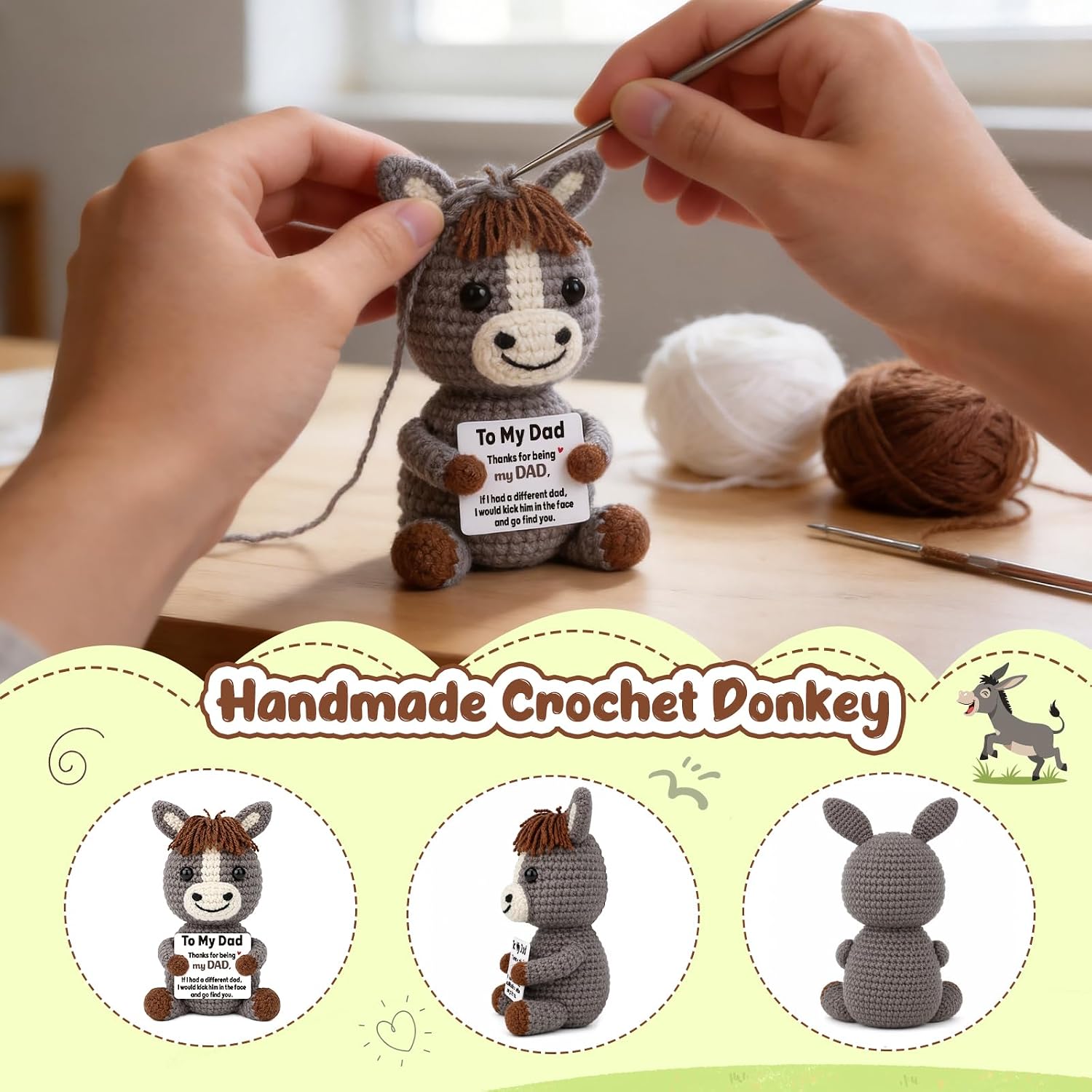 Dad Birthday Gift from Daughter Son Wife, Funny Birthday Gifts for Best Ever New Dad Father Daddy Bonus Stepdad, Christmas Funny Gifts for Dads I Love You Gift Handmade Crochet Donkey