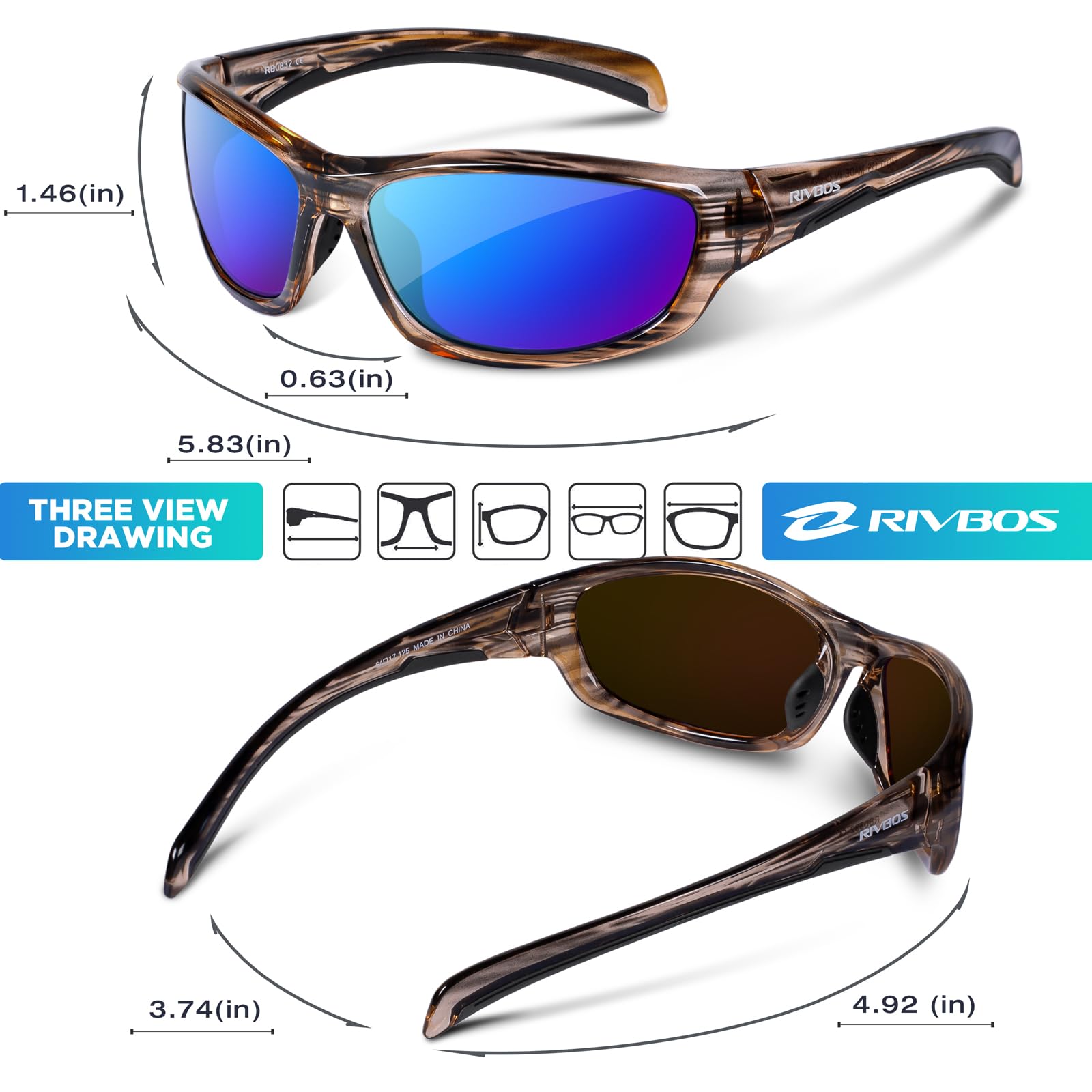 RIVBOS Polarized Sports Sunglasses Driving shades For Men TR90 Unbreakable Frame RB832, Tortoiseshell Ice Blue - Image 2