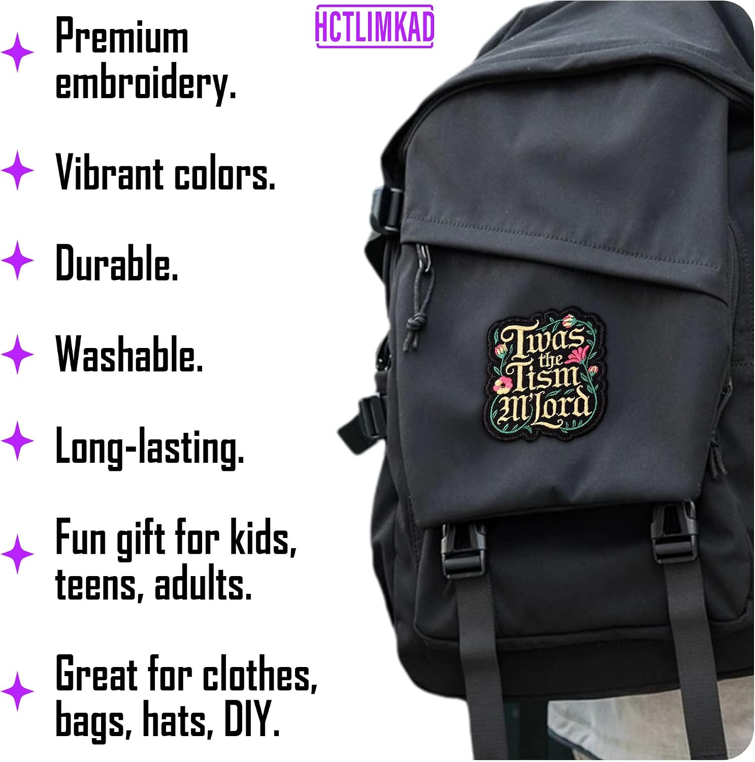 T'was The 'Tism M'Lord Patch 3" Funny ADHD Mental Health Sew-On/Iron-On Embroidered Patches Applique for Backpacks, Dog Harnesses, Army Vests, Gym Bags, Hats Patch Gifts 3 Inches image 3