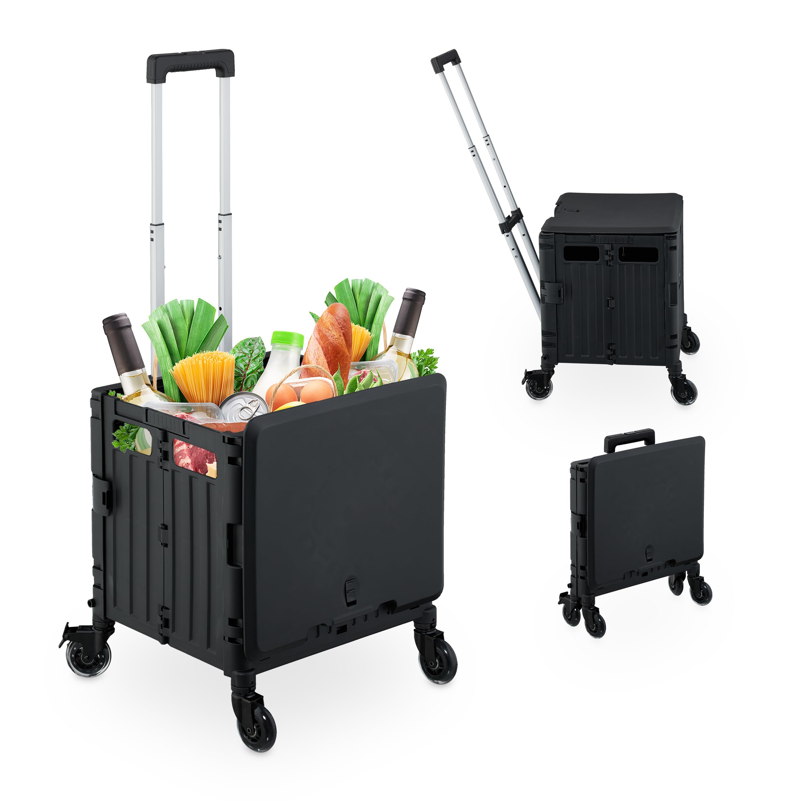 Relaxdays Einkaufstrolley, klappbar, Einkaufskorb mit Lenkrollen, Deckel & Teleskopgriff, bis 35 kg, Rollkiste, schwarz