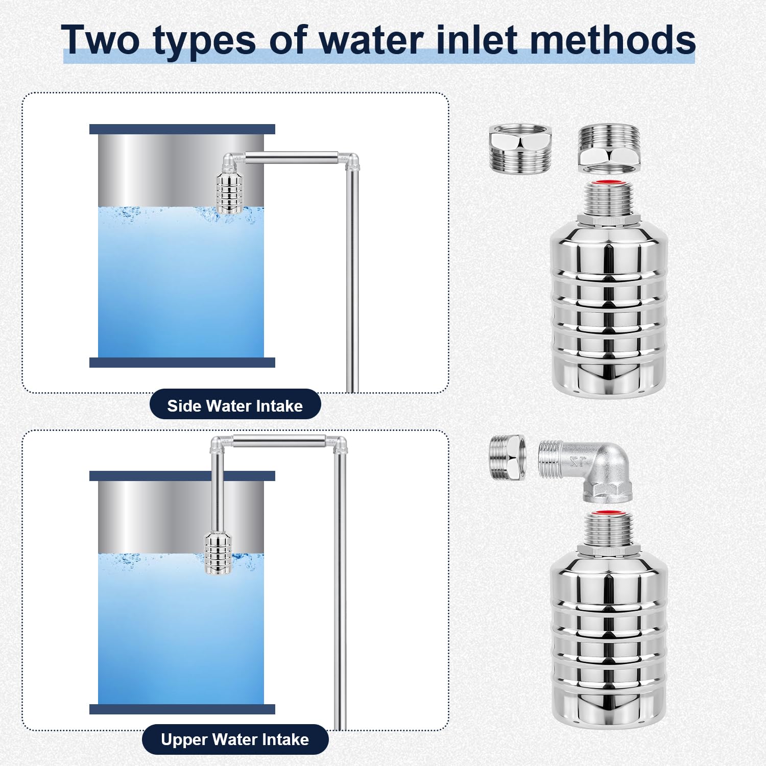 Confezione da 4 valvole galleggianti in acciaio inox, valvola di controllo automatica del livello dell'acqua da 1/2" a 3/4", ingresso superiore/laterale, spegnimento automatico del serbatoio