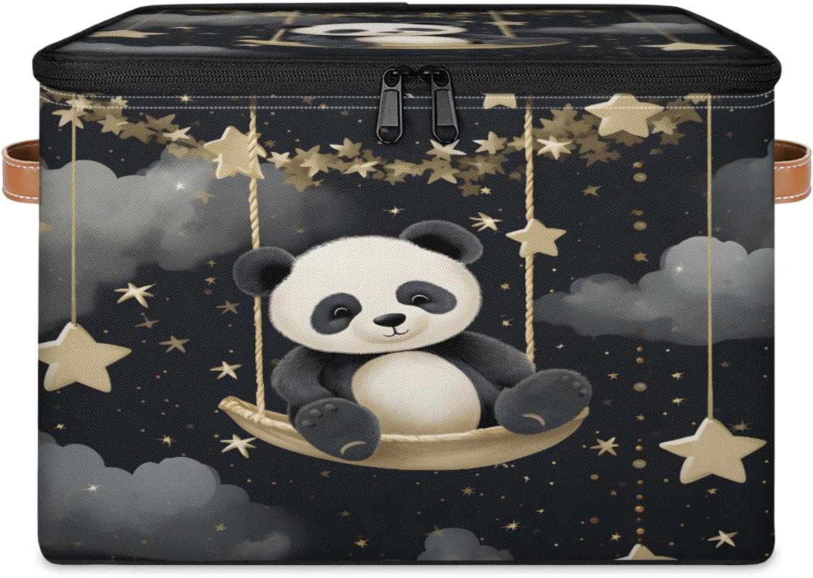 Storage Bin Set of 2 Cute Panda Storage Basket with Zipper Lid & Handle Foldable Closet Shelf 2 Pack Cloth Organizer Basket Cube Bins Clothes Organizer for Bedroom, Nursery