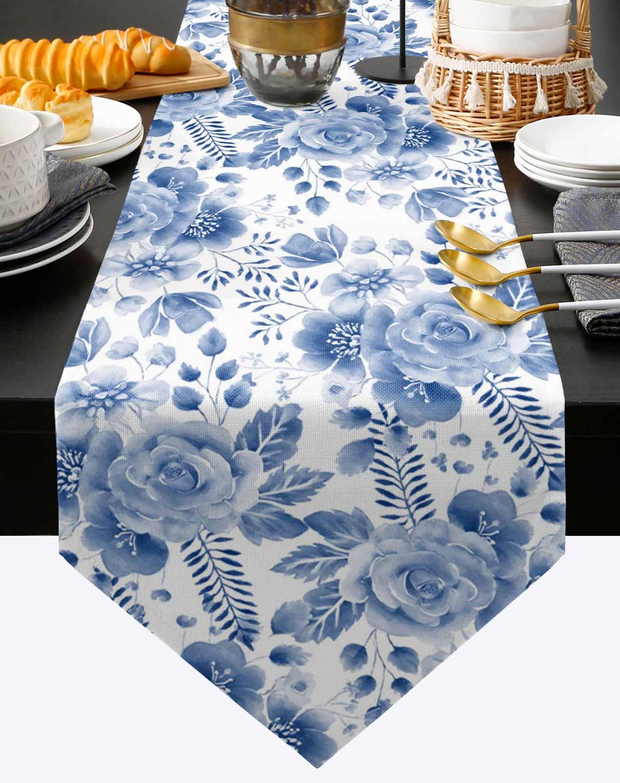 Blue Floral Table Runner Floral Blue and White Porcelain Table Runners Cotten Linen Dresser Scarves Elegant Flower Decorative Runners for Holiday 