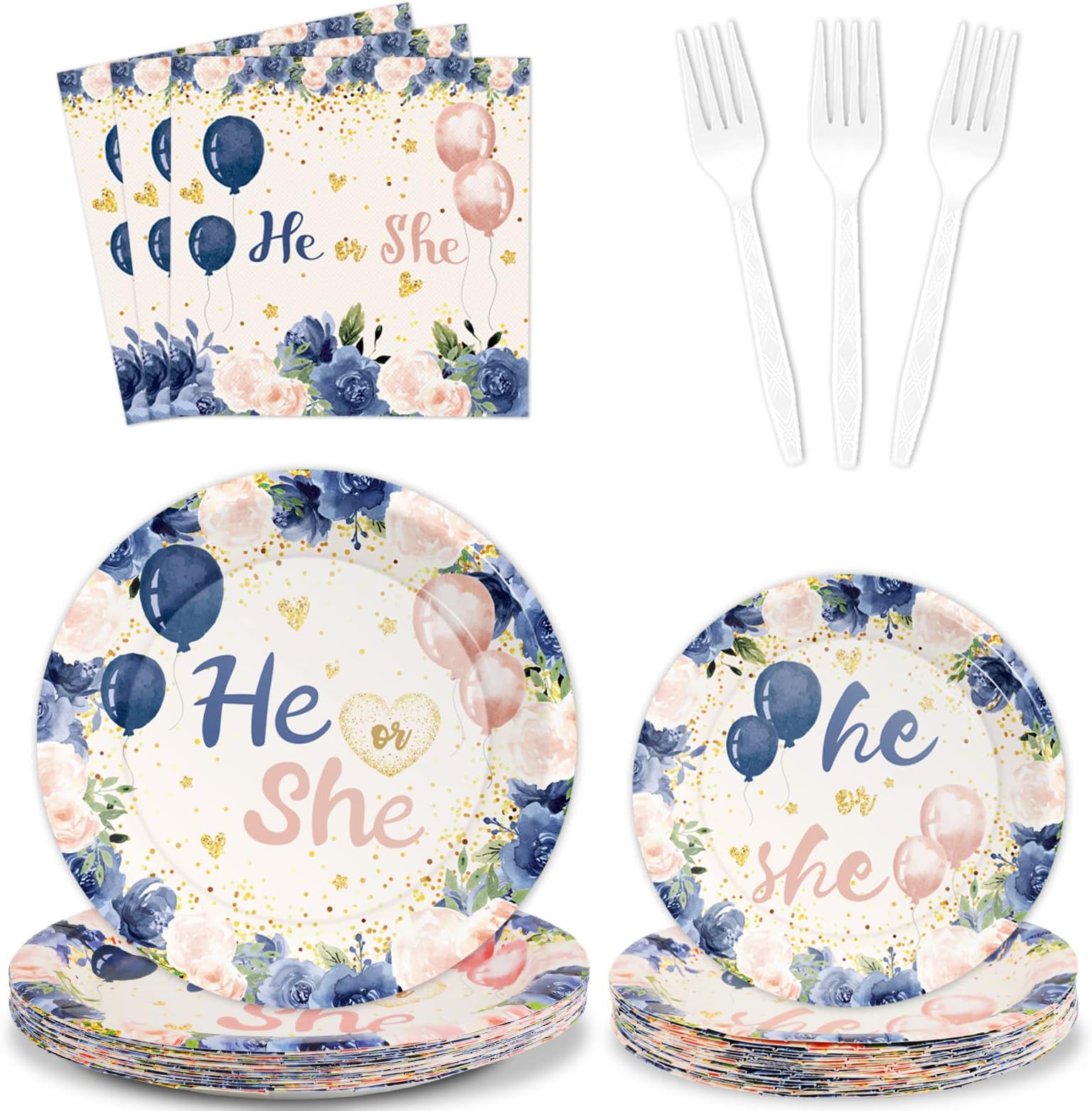 Tevxj 96PCS Gender Reveal Tableware Set He or She Dinnerware Disposable Dessert Plates Navy and Blush Gender Reveal Party Plates Napkins Forks for Boy or Girl Party Decorations Supplies 24 guests