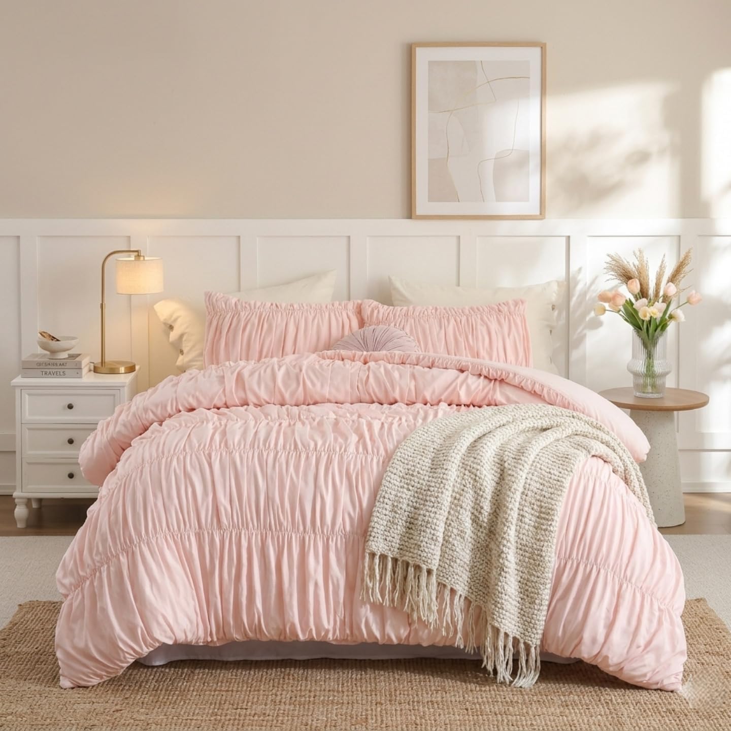 weigelia Blush Pink Ruched Comforter Set Full Size, Cute Girls Bedding Set