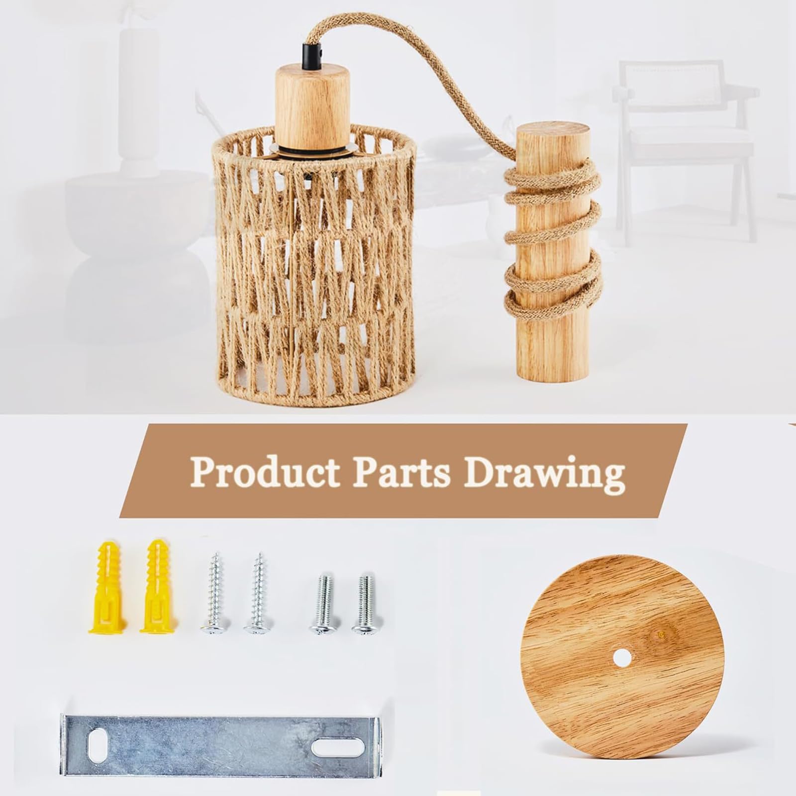 Aplique Rattan Boho, Lámpara de Pared Colgante Mimbre, Lámpara Laternas Madera Rústica, Set de 2 para Dormitorio, Sala Estar, Pasillo, Entrada, Decoración Granja,B