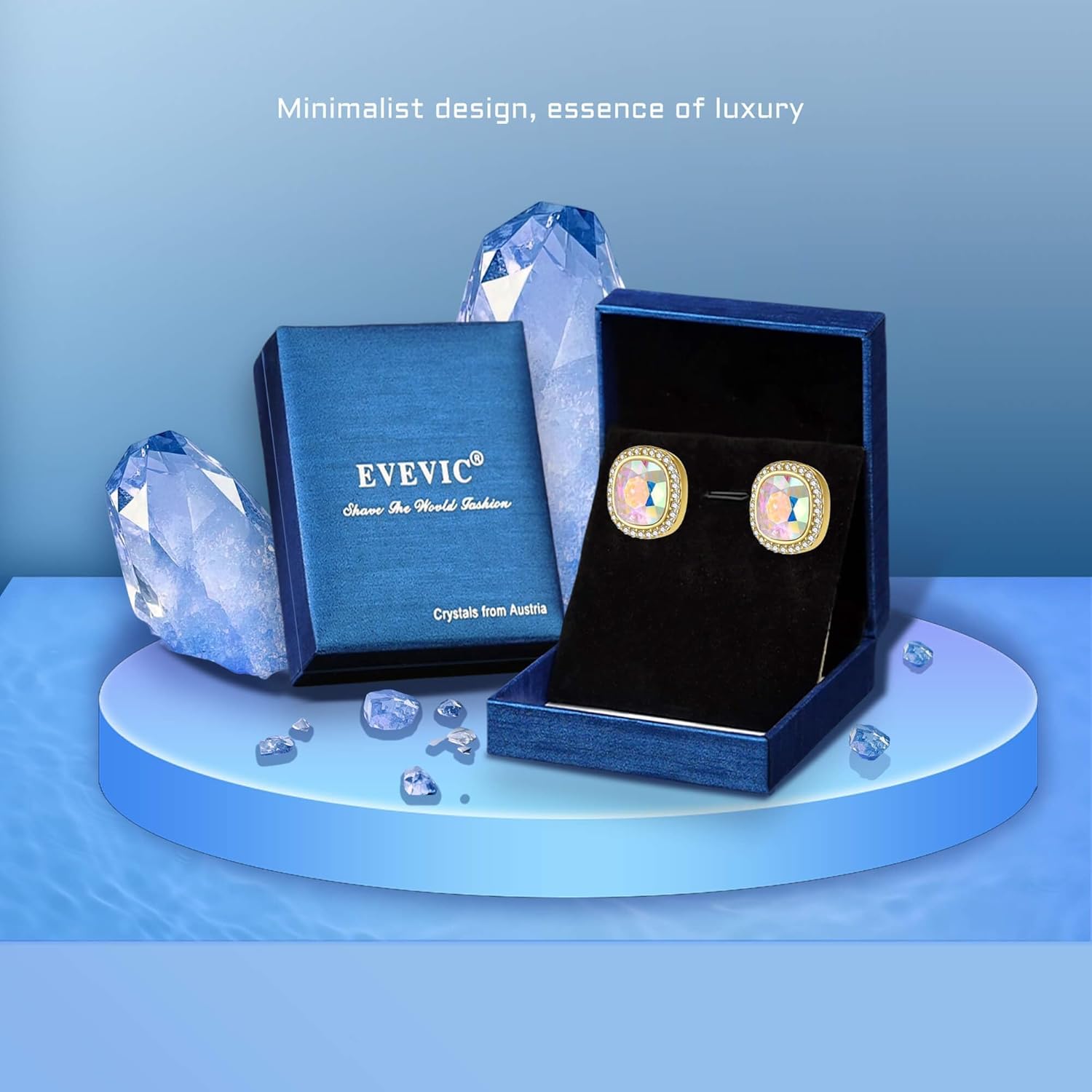 EVEVIC Austrian Crystal Halo Square Stud Earrings for Women 14K Gold Plated Birthstone Earring Hypoallergenic Jewelry Gifts