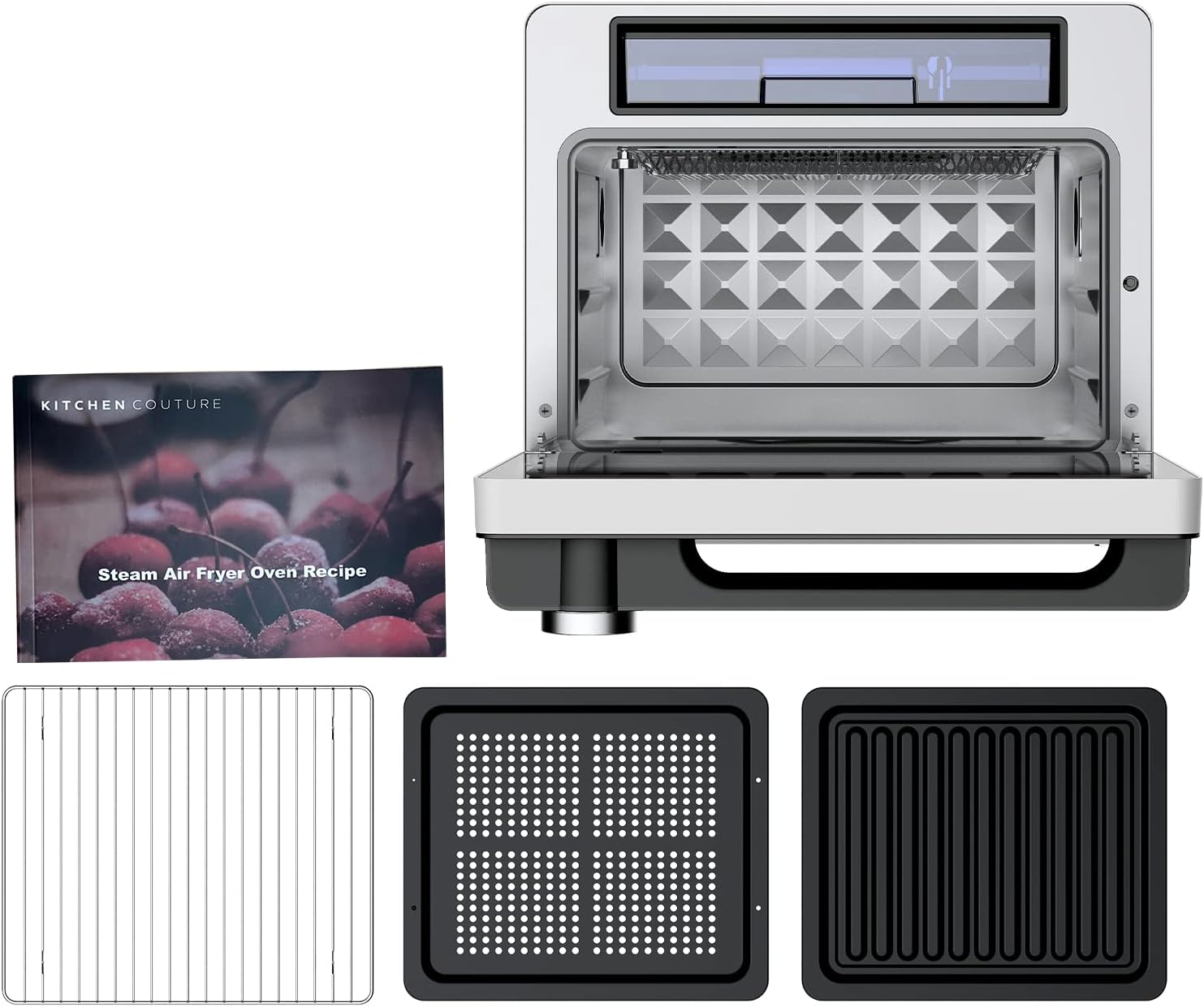 Kitchen Couture Air Fryer accessories including wire rack, steam tray, grill tray, and recipe booklet.
