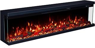 3-Sided Panoramic Electric Freestanding Fireplace Heater 60"/152cm – Wall-Mounted, Media Wall Electric Fire, 15 LED Colours, Crackling Sound, Wifi/Alexa/App/Remote 900W/1800W Heat Control