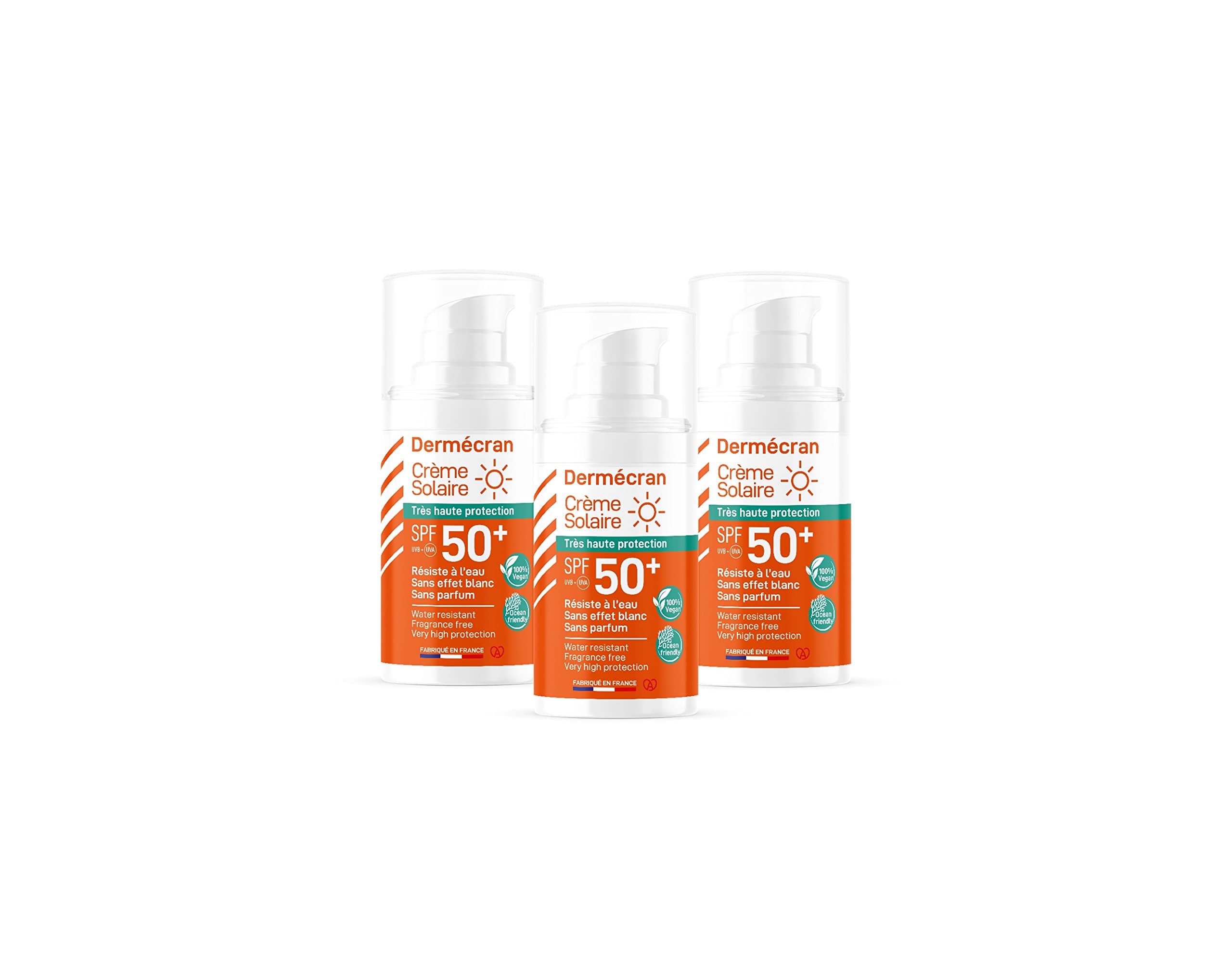 Lote de 3 Dermecran - Protector solar SPF50+ - Cara y cuerpo - Fórmula vegana & Ocean Friendly - Resistente al agua - Para toda la familia a partir de 3 años - Tamaño de bolsillo de 15 ml