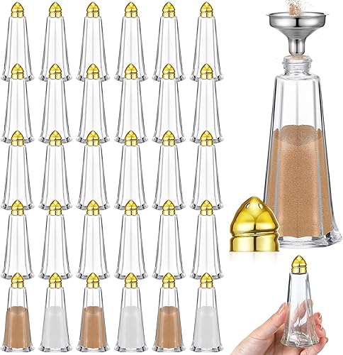 FoldTier 30 saleros y pimenteros en torre de 1 onza con dispensador de vidrio recargable con parte superior dorada para condimentos de especias, sal