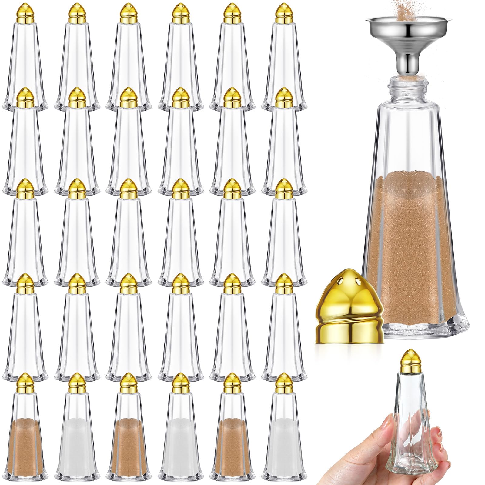 FoldTier 30 Pcs Tower Salt and Pepper Shakers 1 oz Spice Shakers with Gold Top Refillable Glass Dispenser for Spice Salt Pepper Seasoning Gourmet Food