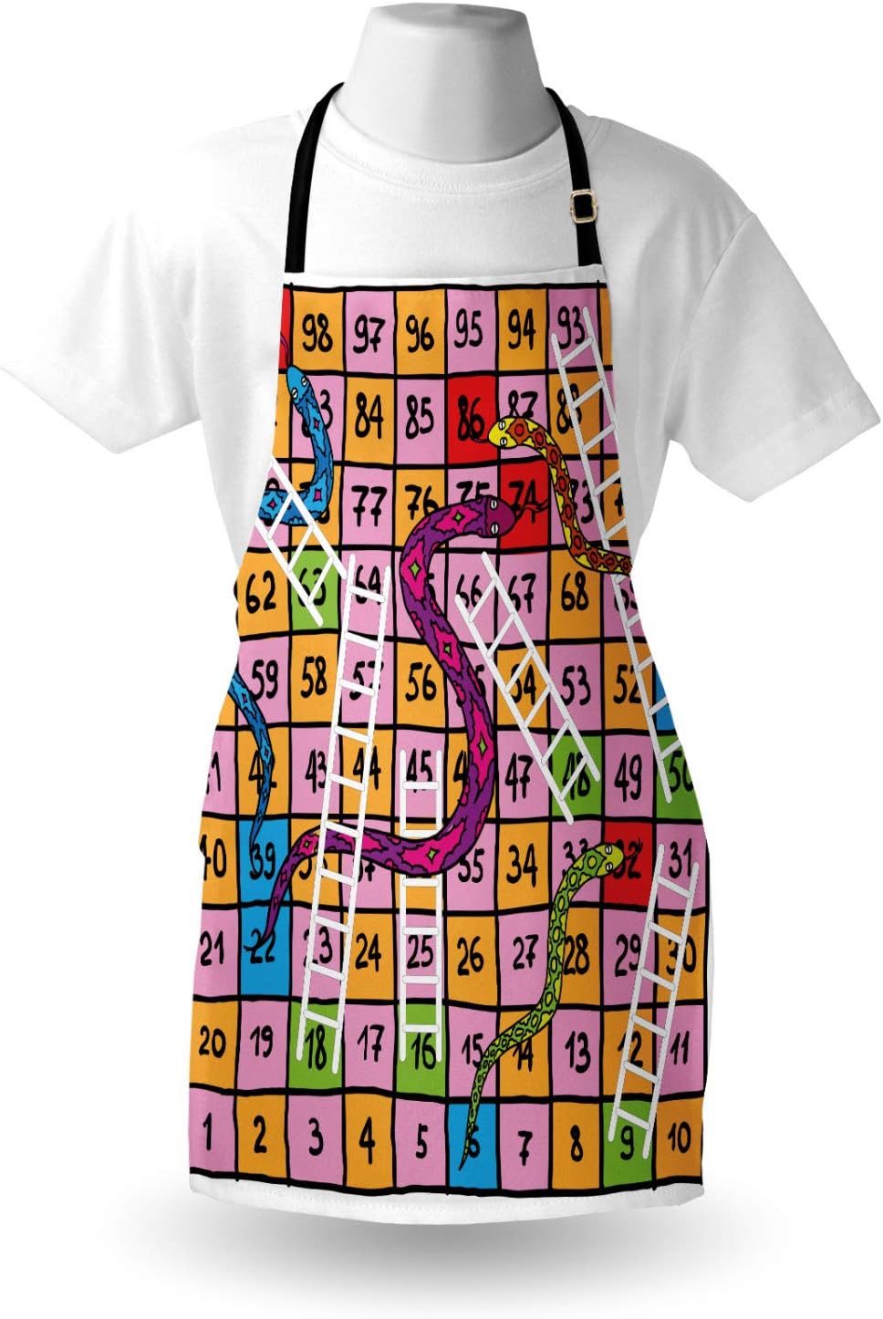 Lunarable Cartoon Apron, Checkered Squares with Snake Details White Ladders and Numbers Themed Vintage, Unisex Kitchen Bib with Adjustable Neck for Cooking Gardening, Adult Size, Multicolor
