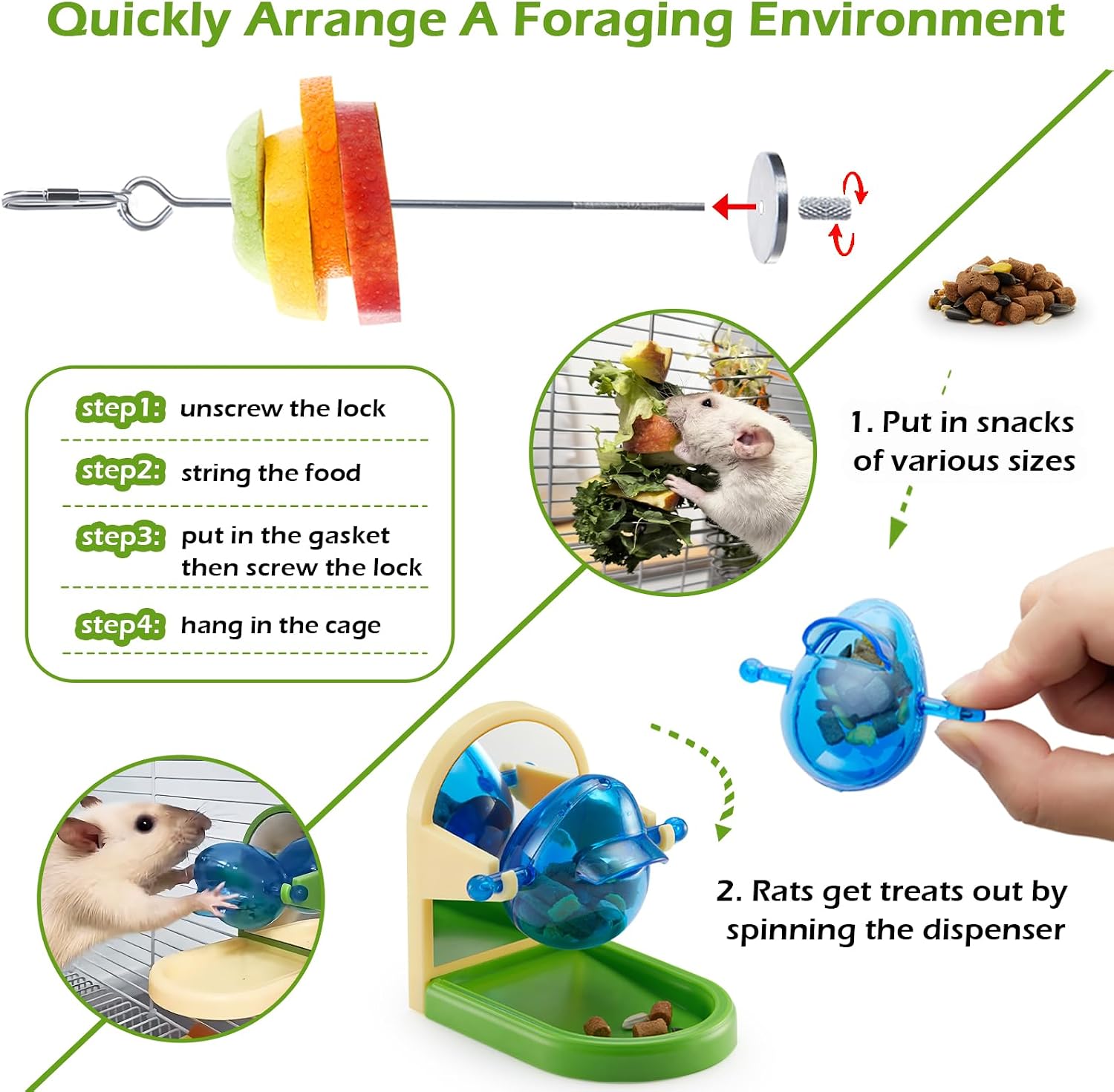2Pcs Rat Enrichment Toys Set - Fruit/Veg Holder & Treat Dispenser | Interactive Foraging Puzzle Toys for Rats/Mice/Birds, Cage Accessories with Hanging Feeder & Intelligence Game