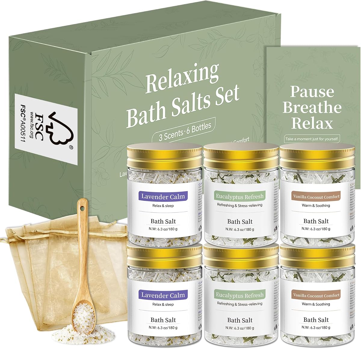 Epsom Set de regalo de sal de baño para mujeres, 6 piezas (3 aromas, 2 cada uno): lavanda, eucalipto y coco de vainilla, regalos relajantes de spa para el cuidado personal para mamá, ella, cumpleaños, alivio del estrés y mejora pronto