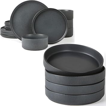 Famiware Star Dinnerware Set with Plates and Bowls, Service for 4 16-Piece, Stoneware Kitchen Dishes Dinner Sets - Full Glaze Matte Dark Charcoal
