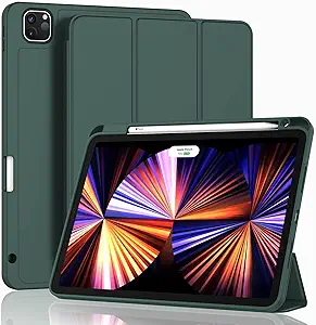 ZryXal New iPad Pro 11 Inch Case 2022(4th Gen)/2021(3rd Gen)/2020(2nd Gen) with Pencil Holder,Smart iPad Case [Support Touch ID and Auto Wake/Sleep] with Auto 2nd Gen Pencil Charging (Midnight Green)