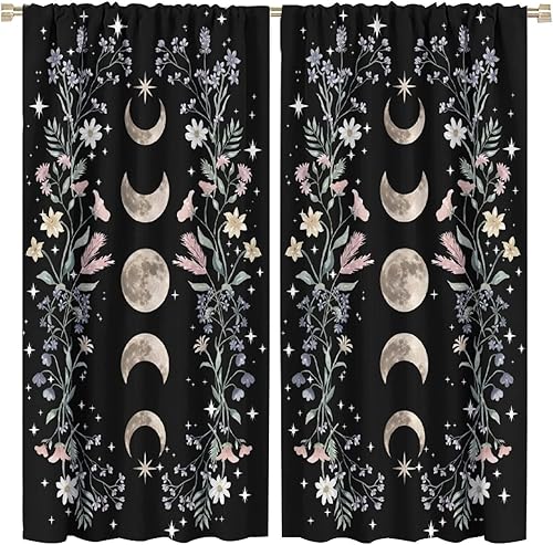 Cortinas florales de luna, flores silvestres, fase iluminada por la luna, jardín, estética, bohemio, primavera, naturaleza, juego de 2 paneles de