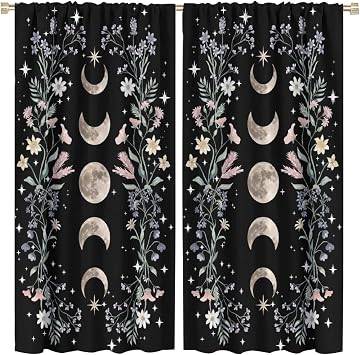 Moon Floral Curtains Flower Wildflower Phase Moonlit Garden Aesthetic Boho Spring Nature 2 Panel Window Treatment Set for Bedroom Living Room 42x45 Inch Decor