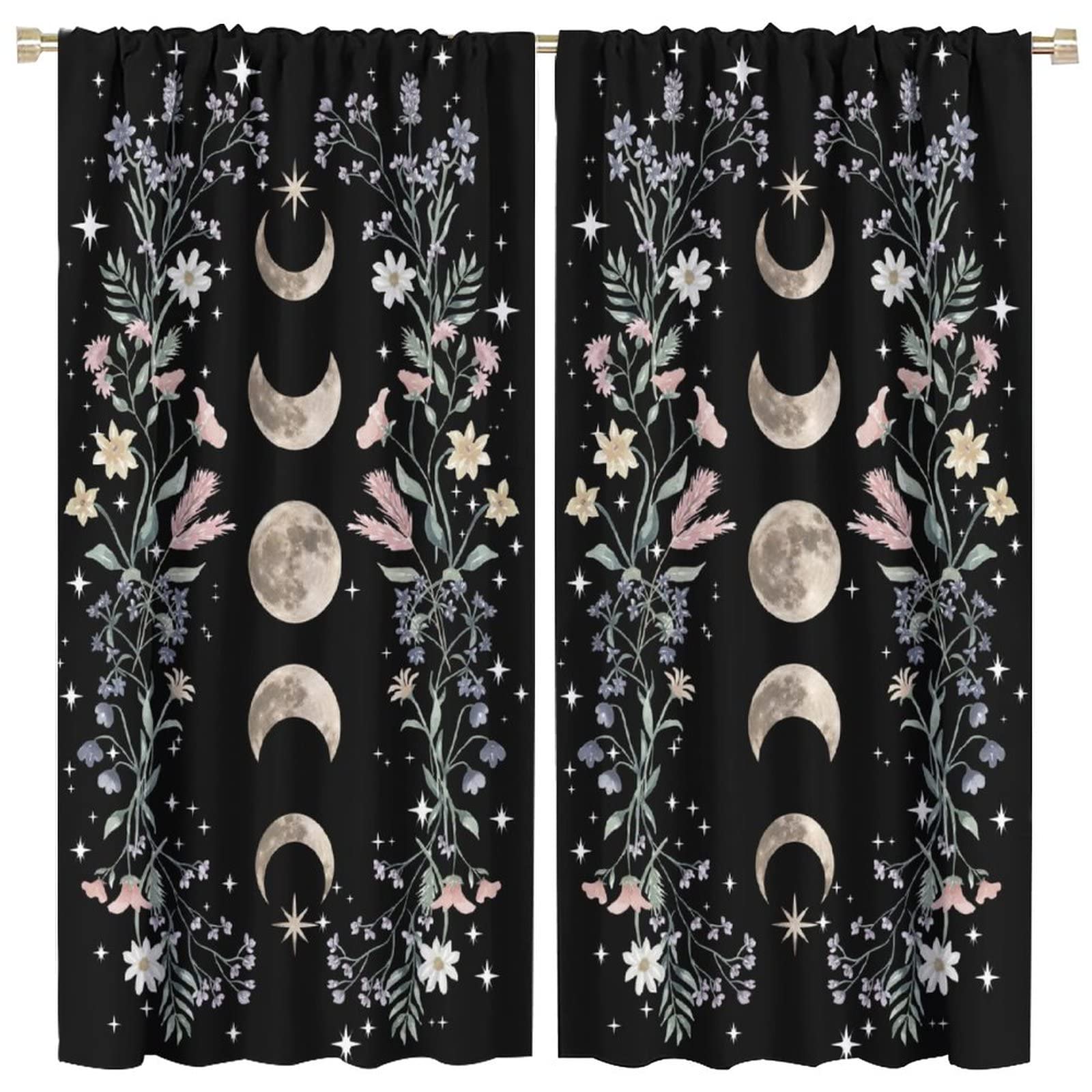 Moon Floral Curtains Flower Wildflower Phase Moonlit Garden Aesthetic Boho Spring Nature 2 Panel Window Treatment Set for Bedroom Living Room 72x63