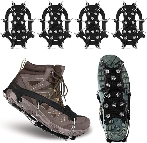 Landhoow 2 pares de crampones para botas de senderismo antideslizantes de tracción de hielo 12 picos de escalada de acero inoxidable para invierno