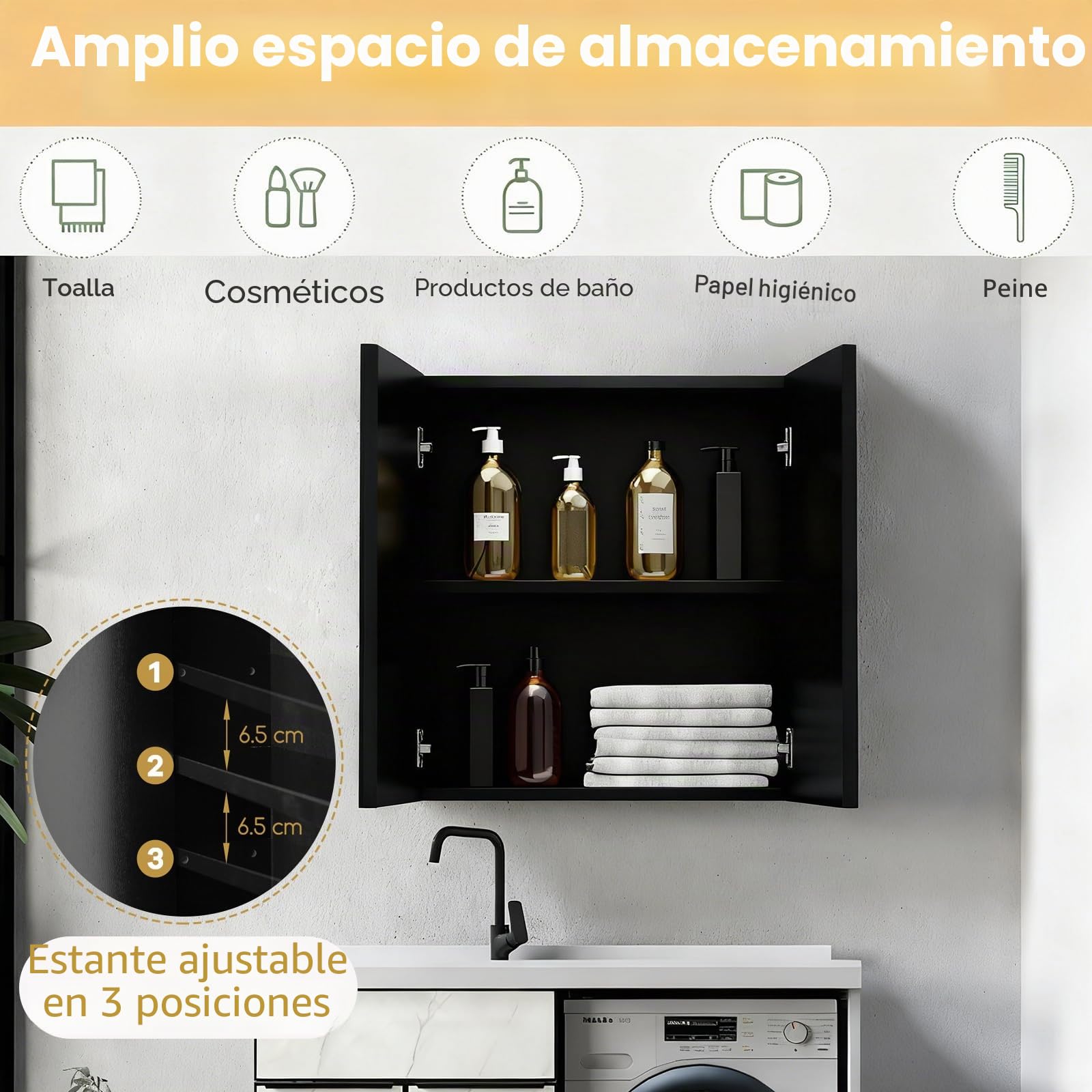 LIFEZEAL Armario con Espejo de Baño, Armario de Pared con 2 Puertas y 2 Estantes, Mueble de Inodoro Colgante, 62 x 11,3 x 65 cm, para Cuarto de Baño y Dormitorio (Negro)
