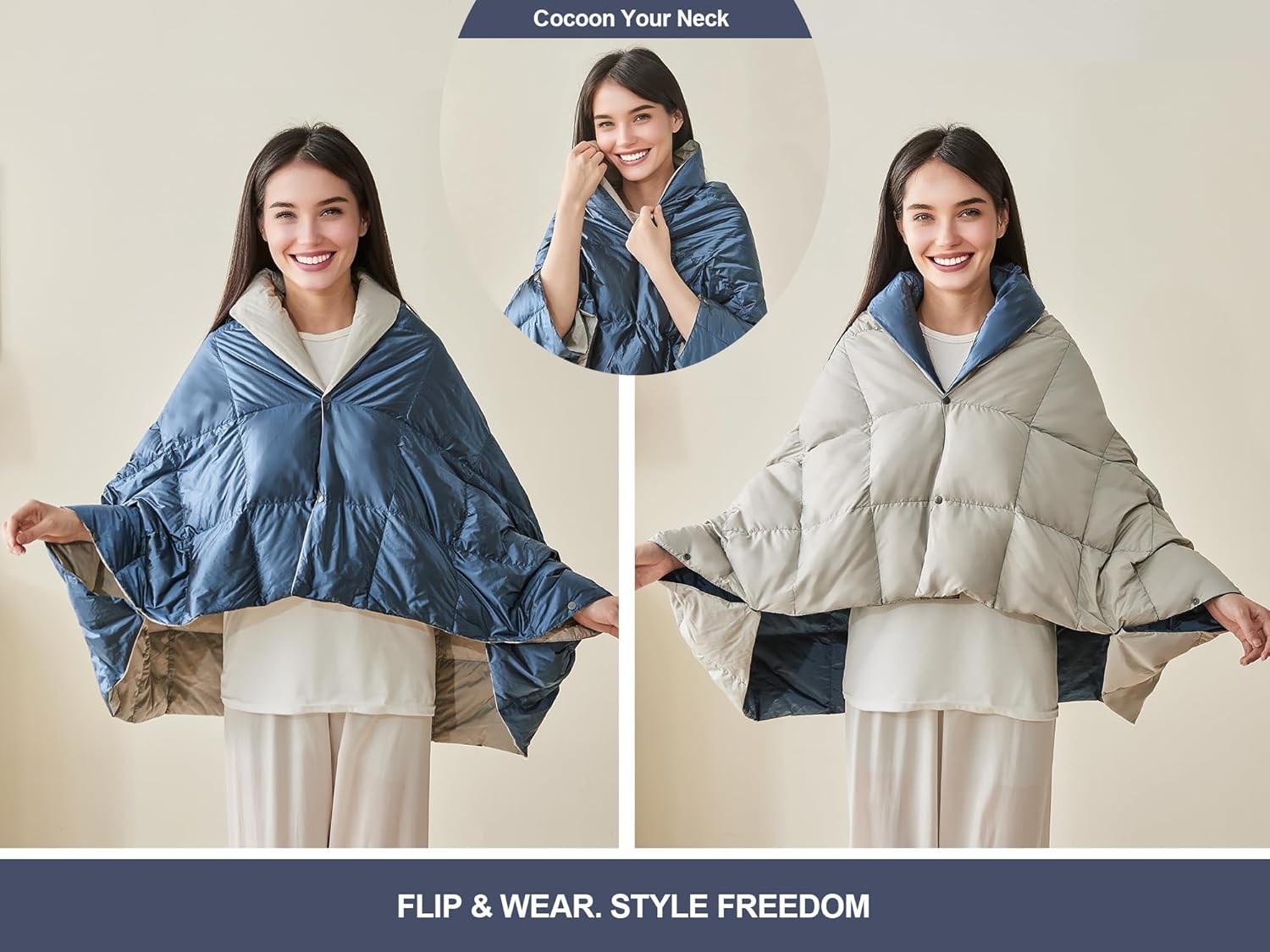 Ultra-Lightweight Wearable Down Blanket Poncho – No Sleeves, Hands-Free Pockets – Office AC & Travel Essential for Women