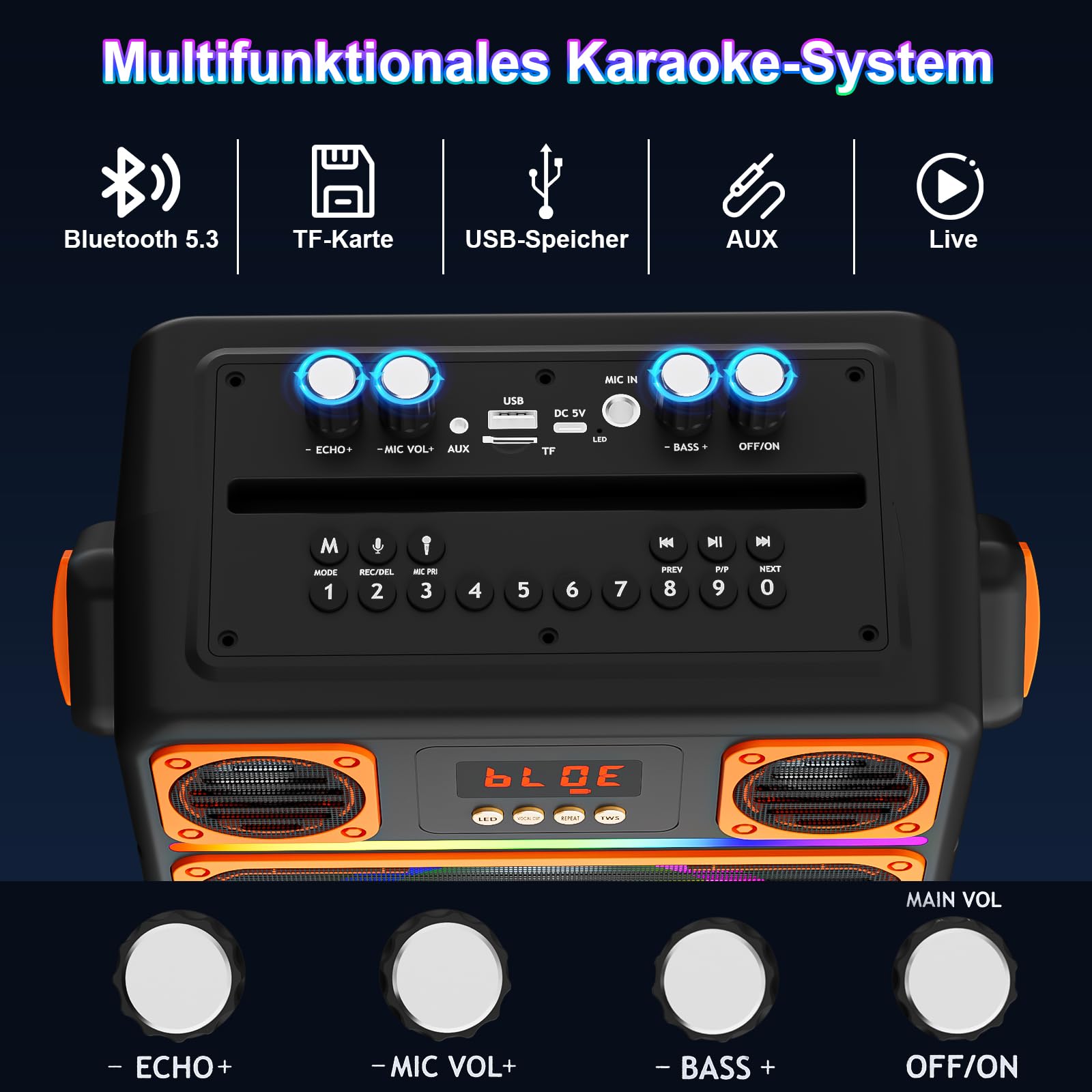 Karaoke Maschine mit 2 Mikrofone, GuKKK Tragbaren Bluetooth Lautsprecher Box und DJ-Lichtern für Erwachsene und Kinder, Karaoke Anlage Unterstützt TF/USB, FM, AUX in, TWS für Party, Geburtstag, Reisen
