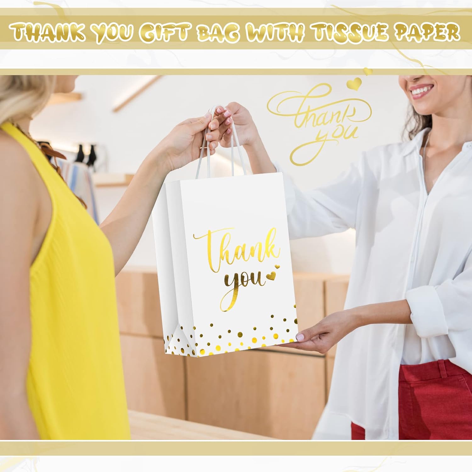 Tinlade 30 Pcs Thank You Gift Bags with Tissue Paper Gold Thank You Wedding Bags with Handle for Graduation Business Shopping Wedding Shower Party Favors(White) - Image 5
