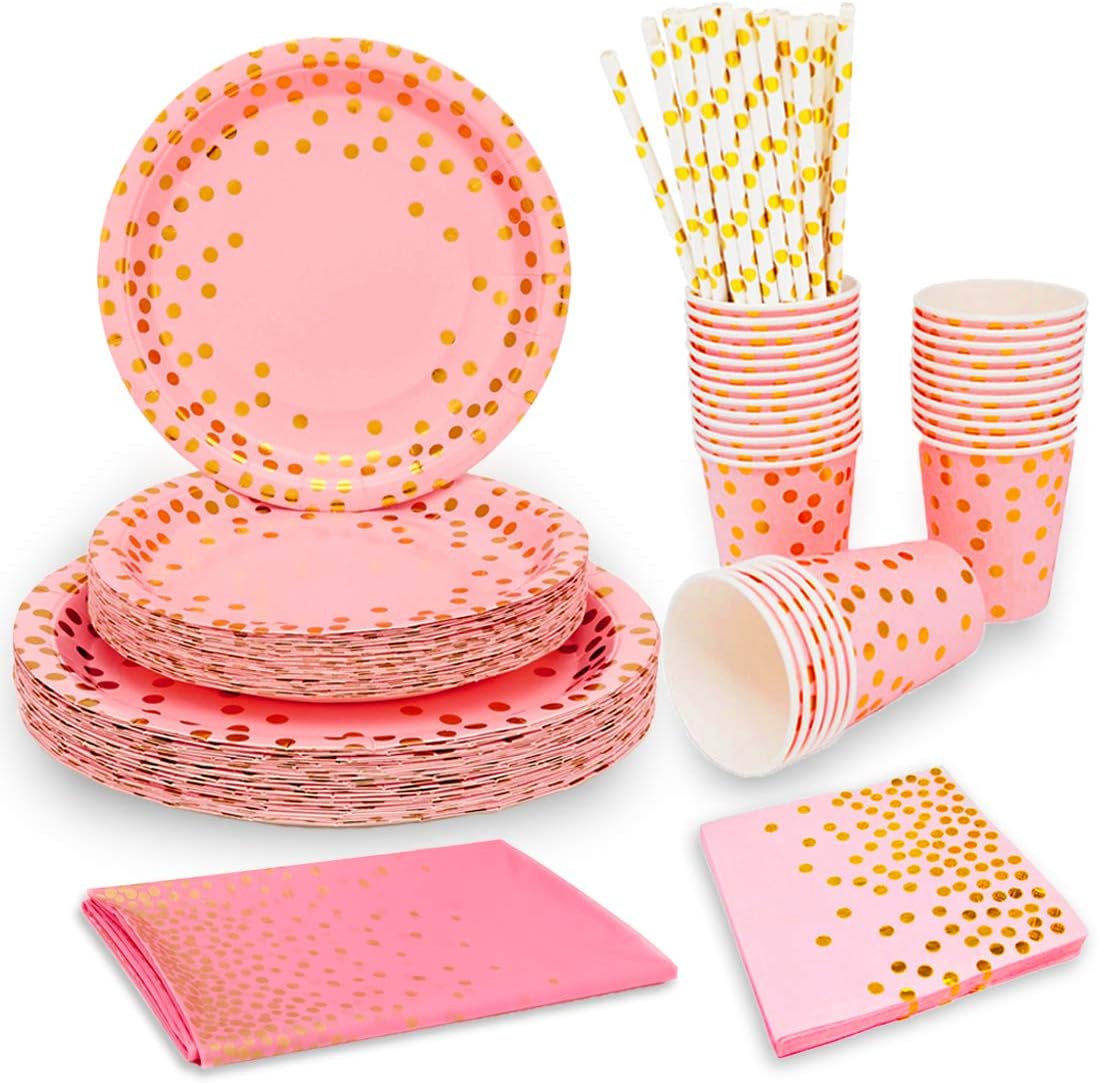 Suреr Brаndѕ Pink and Gold Party Supplies Rose Gold Dots Disposable Dinnerware Set Serves 20- Include Dinner Plates, Dessert Plates,Cups,Napkins,Tablecloth, Straws for Party, Birthday, Wedding, Anniversary