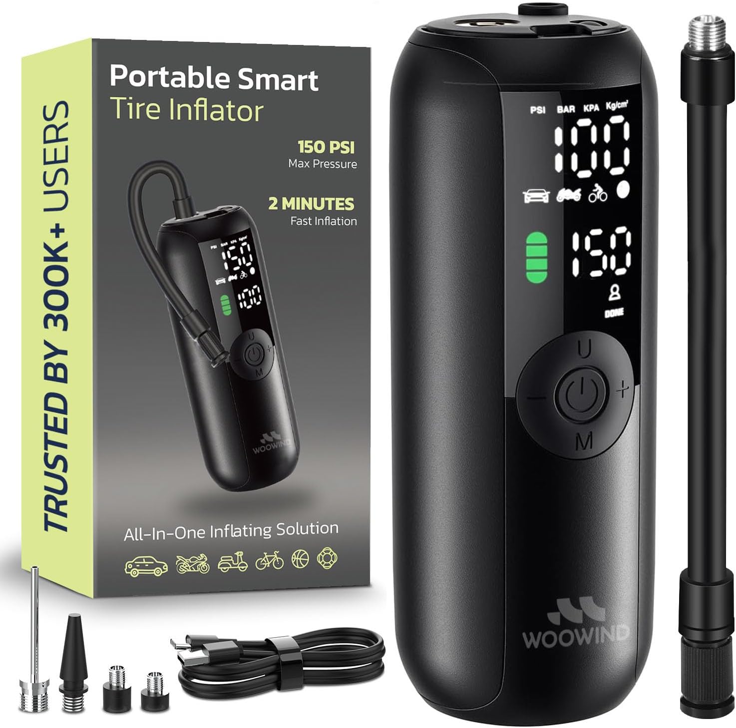 Tire Inflator Portable Air Compressor for Car, Bike, Motorcycle, SUV, Offroad & Truck – Fast Car Pump, 150 PSI, Cordless 12V DC, LED Display Emergency Light by Woowind Tire Inflator Portable Air Compressor for Car, Bike, Motorcycle, SUV, Offroad & Truck – Fast Car Pump, 150 PSI, Cordless 12V DC, LED Display Emergency Light by Woowind