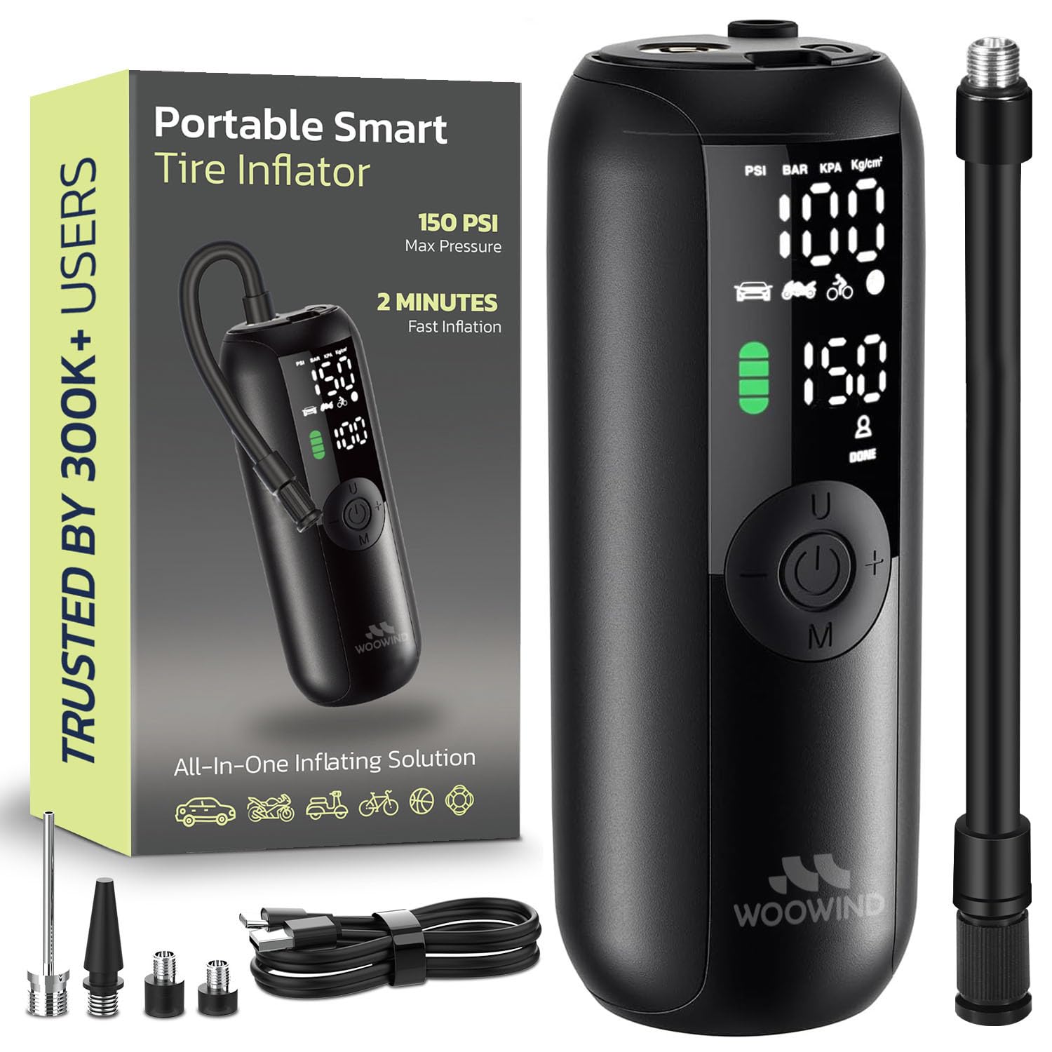 Woowind Portable Tire Inflator for Car, Bike Pump, Portable Air Compressor, 1 Minute Inflation, 150PSI Air Pump for Car Tires, Bikes, Motorcycles, Balls - with Digital Pressure Gauge