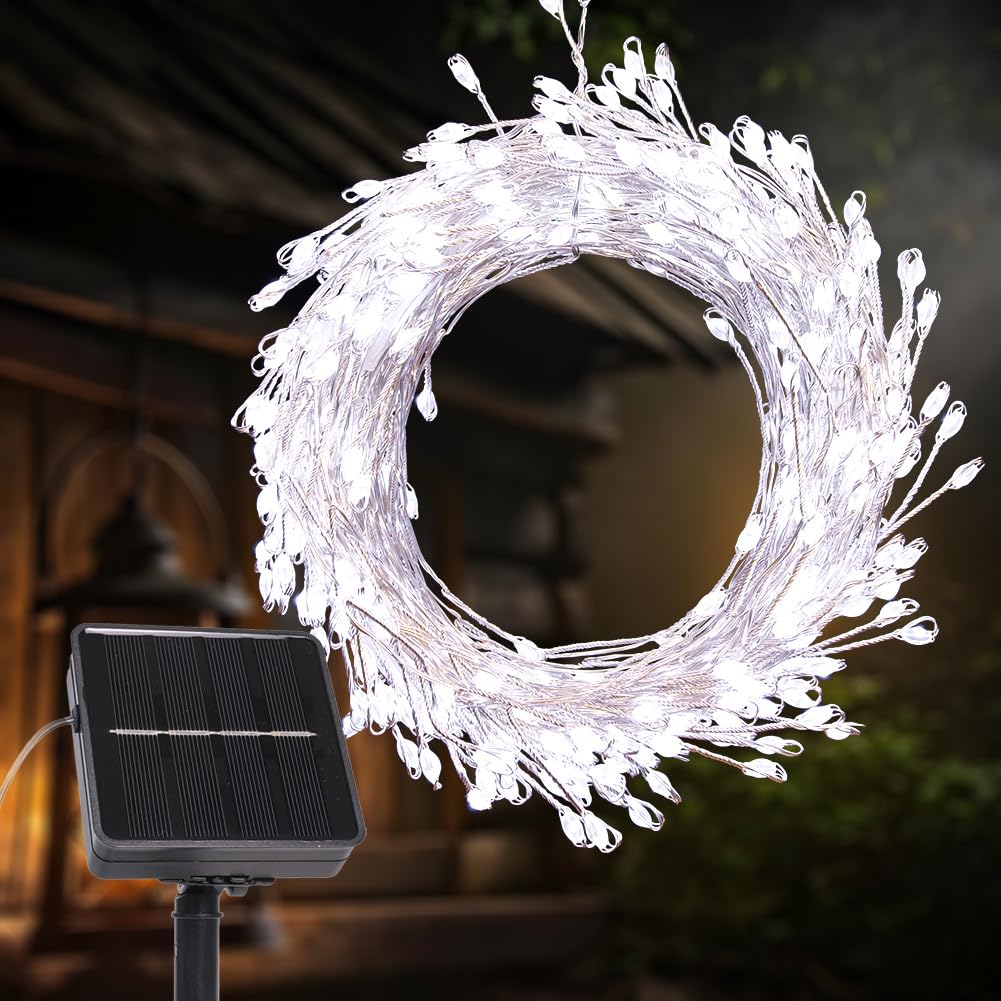 Pcores Cool White Led Solar String Light，6M 200Leds Solar Firecracker Light, 8 Mode Led Waterproof Cluster Lights Silver Copper Wire Firecrackers Fairy String Light For Yard Garden Pathway Lawn Patio(Cool White)