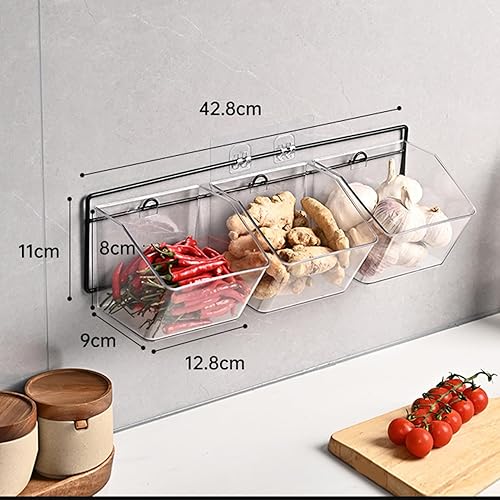 Miniatura 2 de Contenedor de almacenamiento montado en la pared, 3 rejillas de almacenamiento, plástico transparente, autoadhesivo, almacenamiento de cebolla y