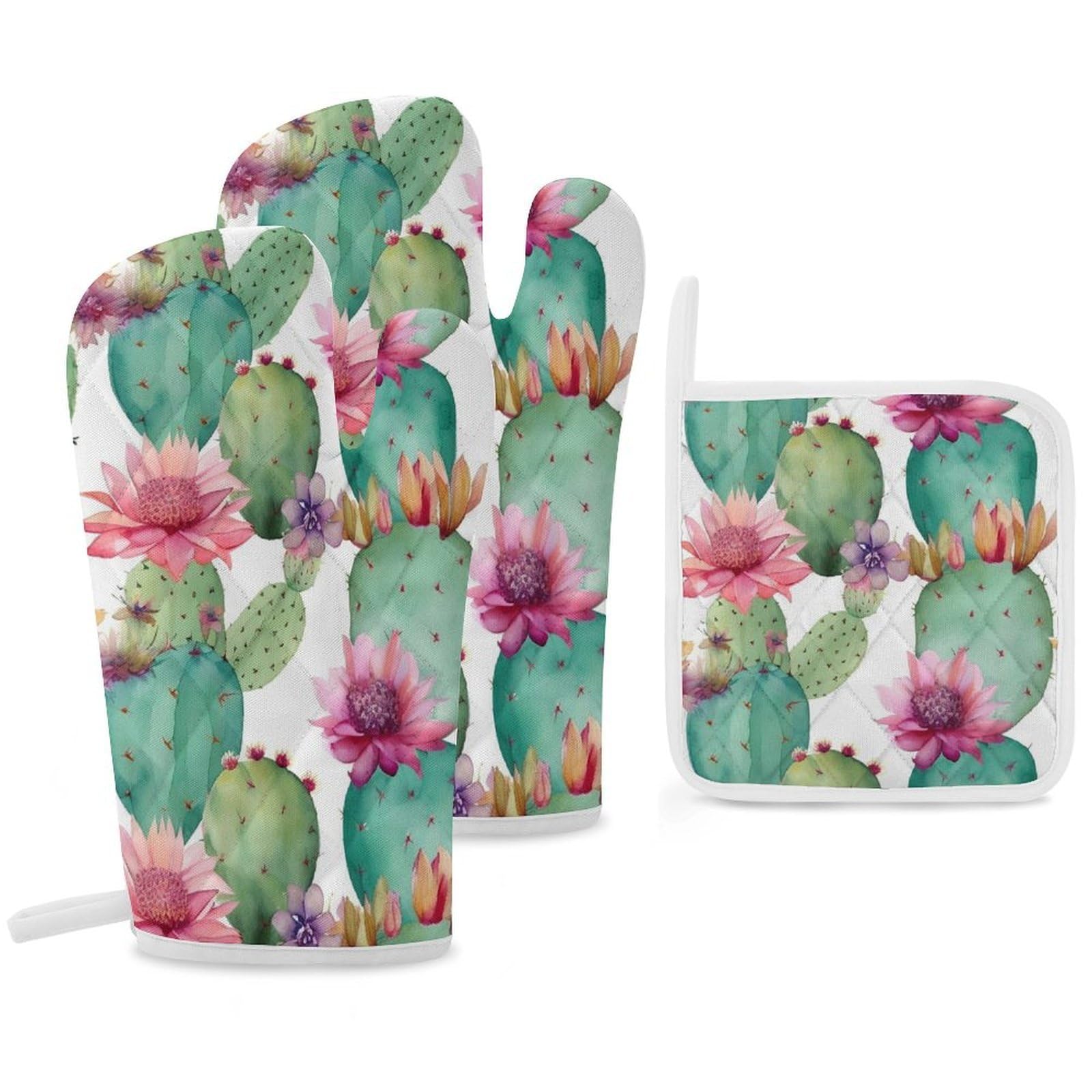 Oven Mitts and Pot Holders Set of 3 Heat Resistant Non-Slip Kitchen Gloves Hot Pads Cactus Flower Mittens Gloves Non-Slip Potholders for Cooking Baking Grilling BBQ