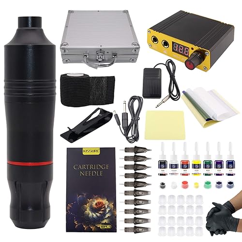 Kit de máquina de bolígrafo de tatuaje, kit de tatuaje giratorio, 10 piezas, agujas de cartucho, 7 tintas de color, fuente de alimentación para