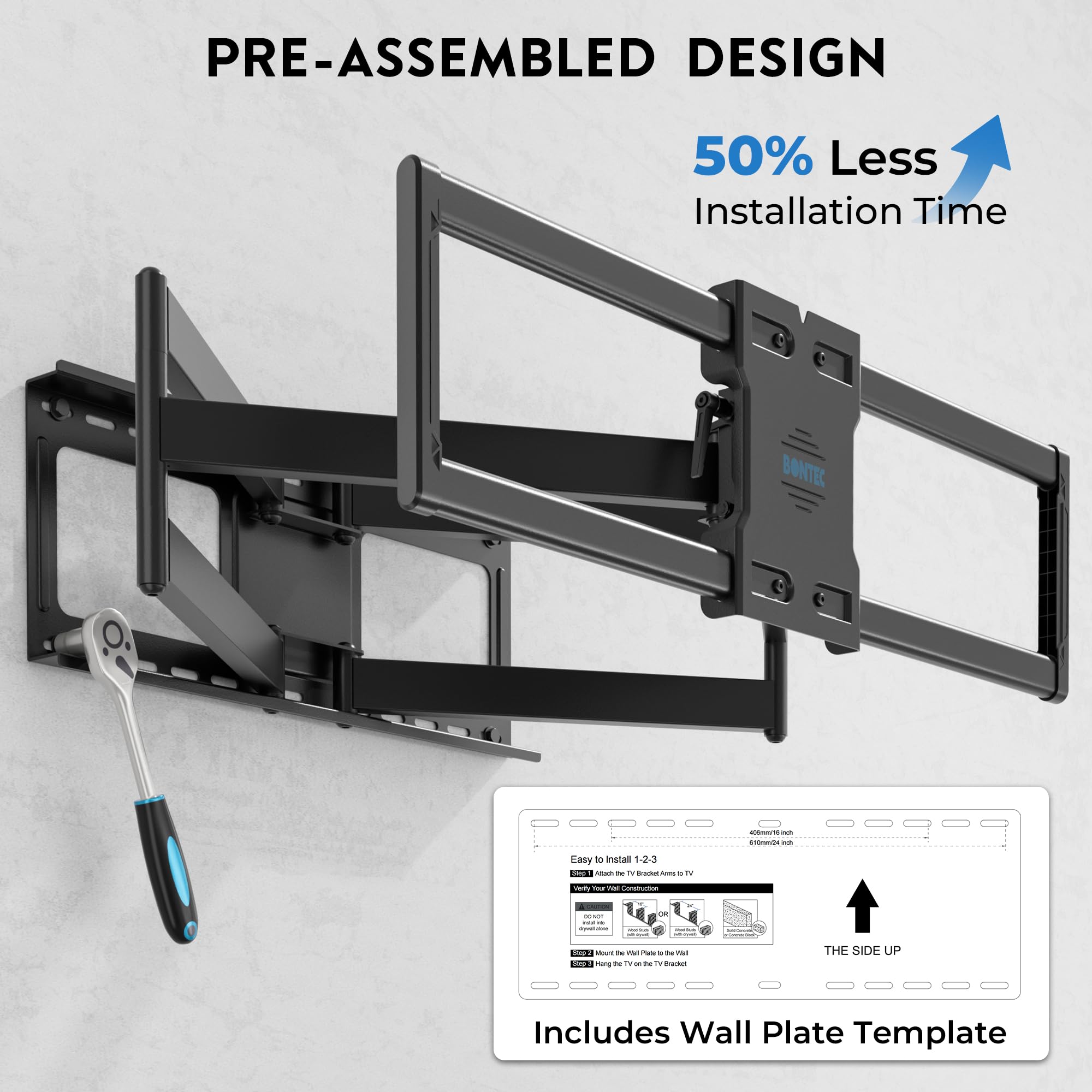 BONTEC TV Wandhalterung für 60–110 Zoll Fernseher bis 125 kg, Doppelarm 1016 mm Auszug, neigbar schwenkbar, VESA 800 x 600 mm