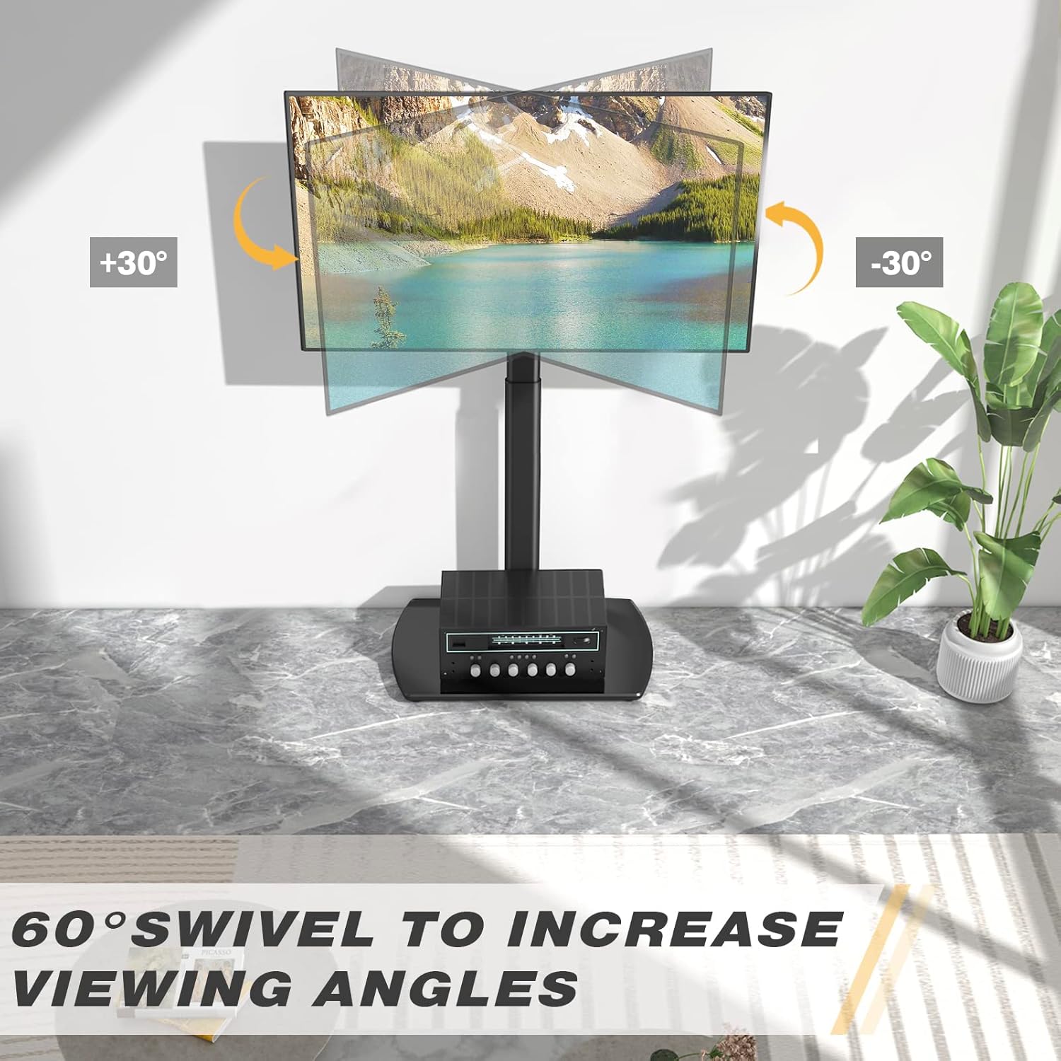 Illustration demonstrating the 60-degree swivel capability of the TV stand, allowing for flexible viewбурчтар.