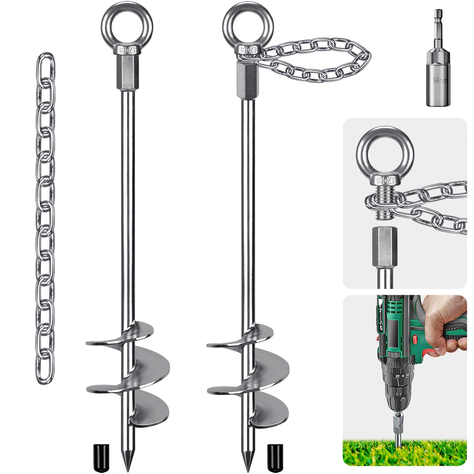 Insaga Tent Peg, 45cm Heavy Duty Ground Anchor Large Metal Earth Stake Spiral Blade Screw in Trampolines Spike for Swing Set/Camping/Shed/Dog/Carport with 37cm Fixed Chain, 2 Pack — image 1