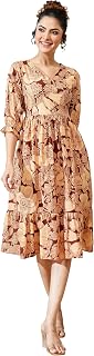 Janasya Women's Maroon Pure Cotton Floral Printed Flared Dress