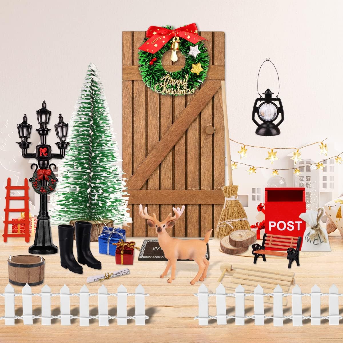 22PCS Christmas Fairy Door Kit With Accessories Mini Wooden Fairy Door for Wall Elf Tooth Fairy Kit Stick on The Wall Tiny for Fairy Tale Education Learning DIY Craft Activities Christmas Gift for Kid
