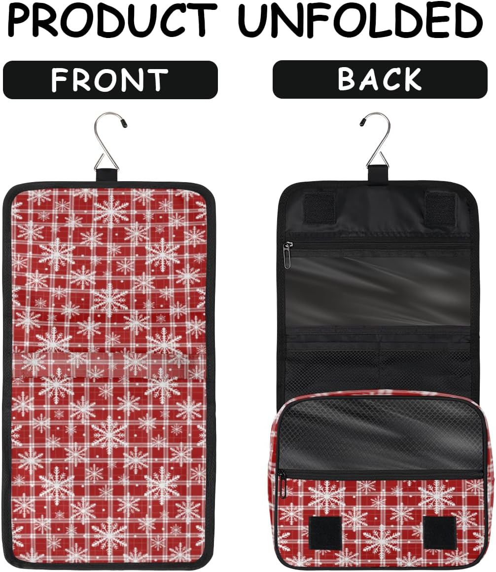 Travel Hanging Toiletry Bag for Women kids, Christmas Snowflake Red Plaid Cosmetic Bag Waterproof Makeup Organizer for weekend overnight Bathroom