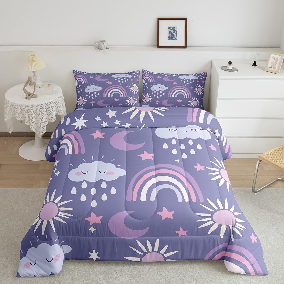 Floral Rainbow Comforter Queen Boho Love Heart Rainbow Bedding Set For Girls Teen Women,Boho Valentine'S Day Couple Bedding Comforter Set Bohemian Romantic Quilt Set Gifts For Girlfriend Wife 3 Pcs