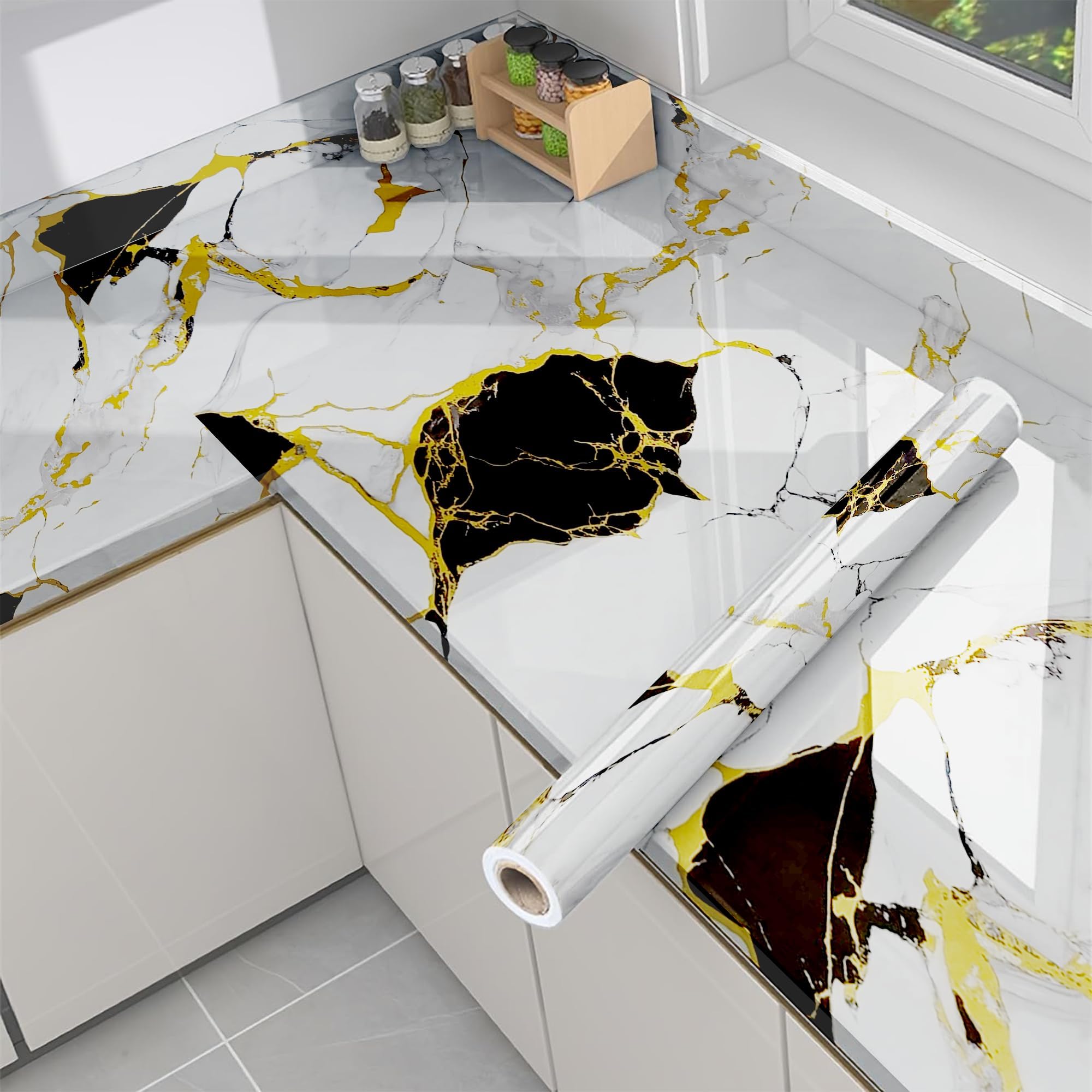 JB'S LAND Marble Waterproof Oil Proof Wall Paper Furniture Kitchen, Cabinets, Almirah,Tabletop,Plastic Table, WoodenTable,Wardrobe,PVCDIY Self Adhesive Sticker(60x200cm) (New Desing White Black Gold)