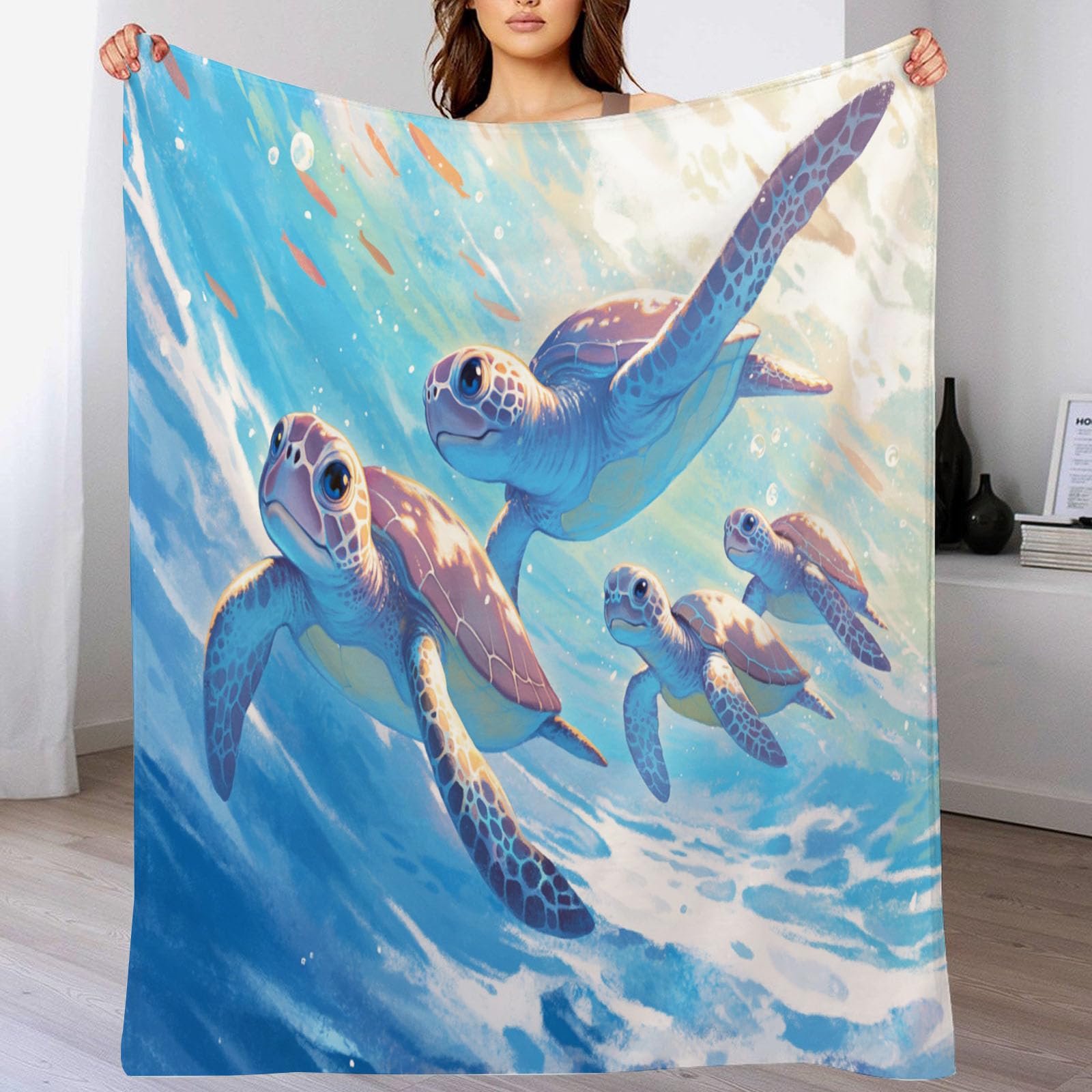 Couverture Polaire 150x200cm Bleu Tortues de Mer Plaid Douillet Microfibre